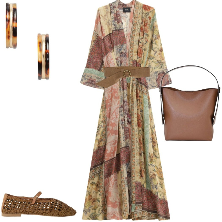 Outfit donna - La protagonista. Stile Boho per Tutti i giorni. Abbinamento con cinture, ballerine, vestiti lunghi, borse a mano, orecchini.