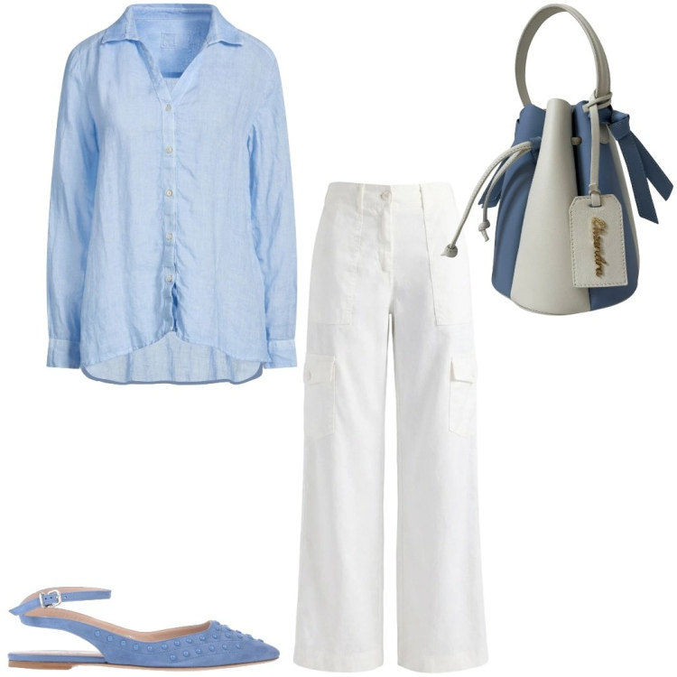 Outfit donna - Must -have in lino. Stile Casual chic per Ufficio. Abbinamento con ballerine, camicie, pantaloni cargo, borse a secchiello.