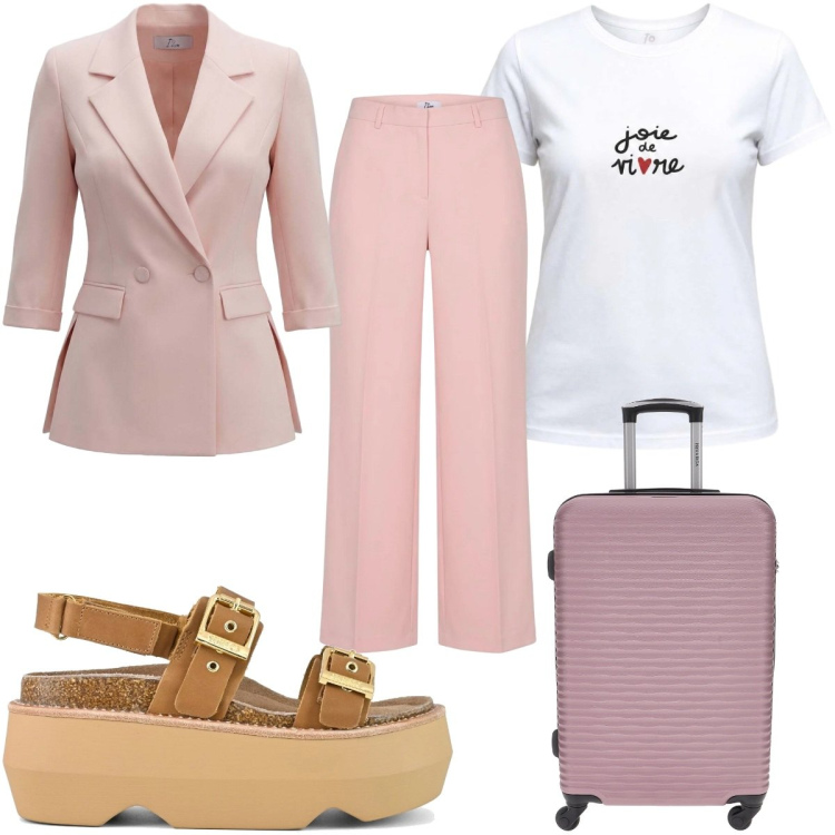 Outfit donna - Trova il tuo stile con I AM: in vacanza. Stile Trendy per Tutti i giorni. Abbinamento con blazer, pantaloni a palazzo, t-shirt, sandali col tacco, valigie.
