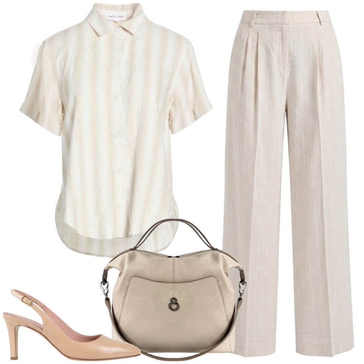 Outfit donna - Minimale in lino. Stile Casual chic per Ufficio. Abbinamento con camicie a manica corta, décolleté, pantaloni, borse a mano.