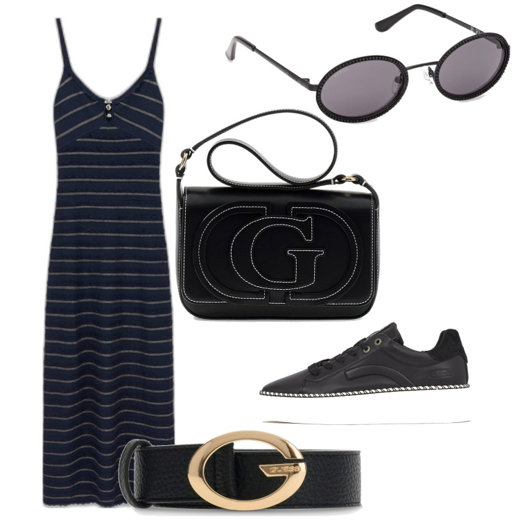 Outfit mujer - Casual look. Estilo Casual para Todos los días. Combinación con vestidos largos, sneakers, bolsos de hombro, cinturones, gafas de sol.