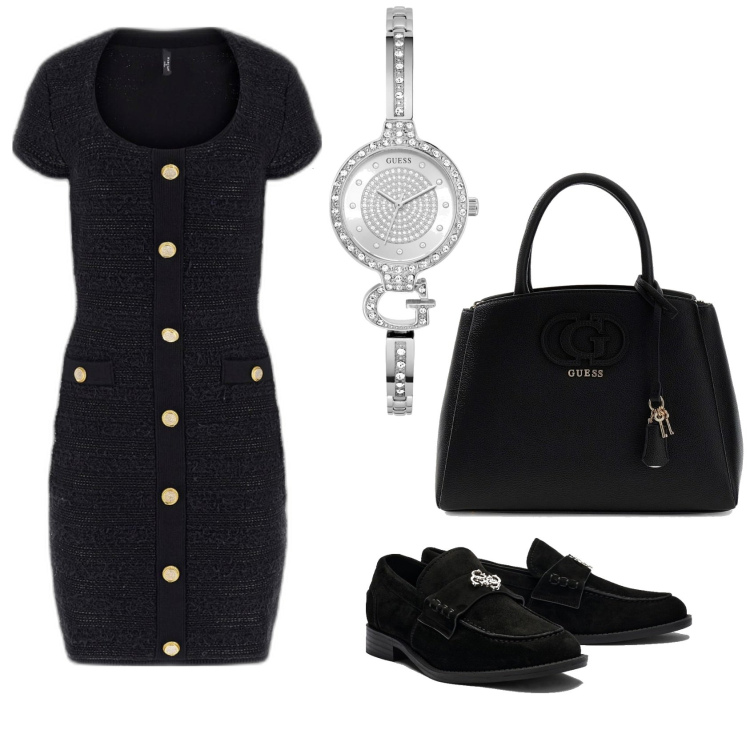 Outfit mujer - Bon ton look. Estilo Bon Ton para Todos los días. Combinación con vestidos cortos, mocasines, bolsos de mano, relojes analógicos.
