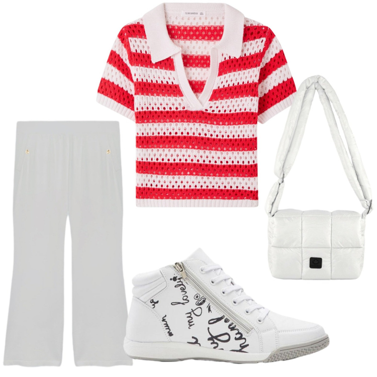 Outfit donna - Graffiti ai piedi. Stile Glamour per Tutti i giorni. Abbinamento con sneakers, t-shirt, pantaloni, borse a spalla.