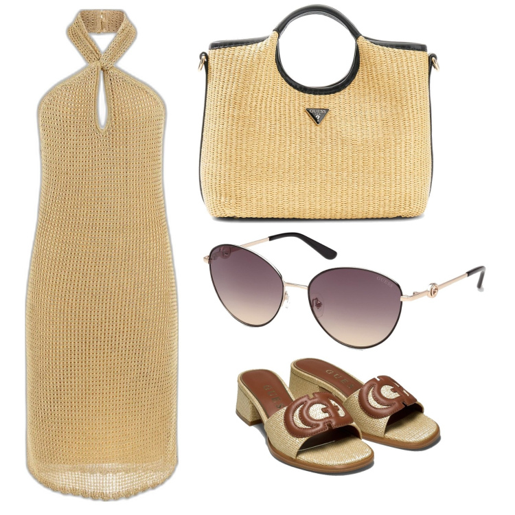 Outfit mujer - Playa chic. Estilo Casual chic para Mar. Combinación con vestidos cortos, bolsos de mano, sandalias de tacón, gafas de sol.
