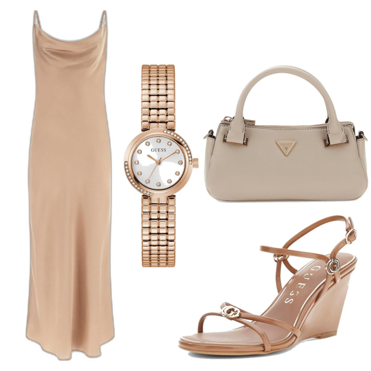 Outfit mujer - Chic outfit. Estilo Chic para Noche/Fiesta elegante. Combinación con sandalias de piel, vestidos sin mangas, relojes analógicos, bolsos de mano.