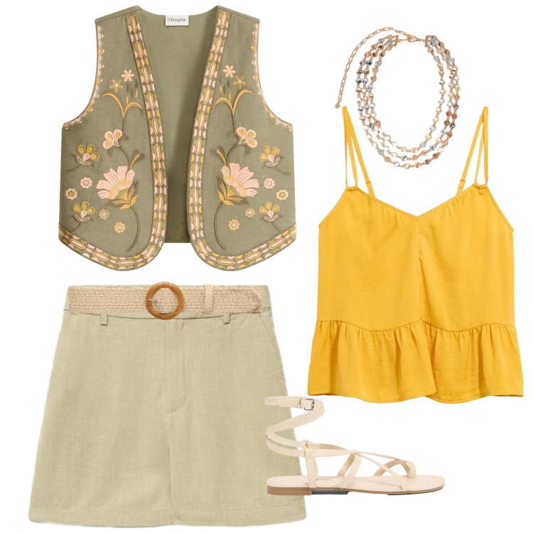 Outfit donna - Fiori boho. Stile Boho per Tutti i giorni. Abbinamento con top, gilet, sandali, shorts, cinture, collane.