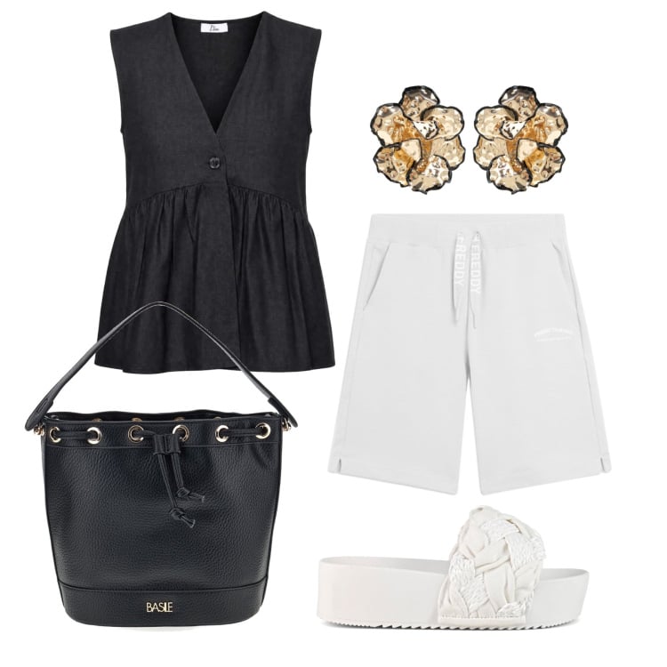 Outfit donna - Luglio. Stile Casual per Tutti i giorni. Abbinamento con gilet, body, pantaloni corti, orecchini, ciabatte, borse a secchiello.