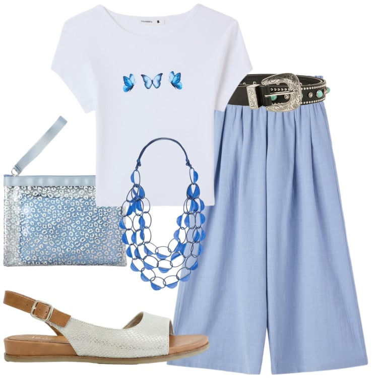 Outfit donna - Casual. Stile Casual per Tutti i giorni. Abbinamento con sandali, pantaloni, t-shirt, pochette, cinture, collane.