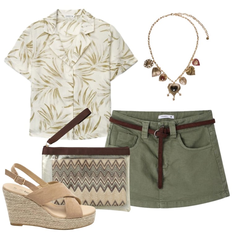 Outfit donna - Stampe esotiche. Stile Casual per Tutti i giorni. Abbinamento con sandali col tacco, minigonne, pochette, camicie a manica corta, collane.