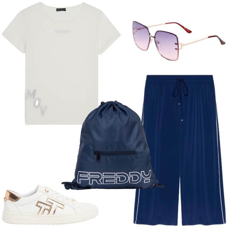 Outfit donna - Total look #2439300. Stile Sporty chic per Tutti i giorni. Abbinamento con sneakers, occhiali da sole, pantaloni, zaini, t-shirt.