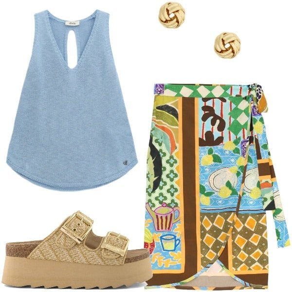 Outfit donna - Tempo libero. Stile Casual per Tutti i giorni. Abbinamento con top, gonne longuette, orecchini, zeppe.