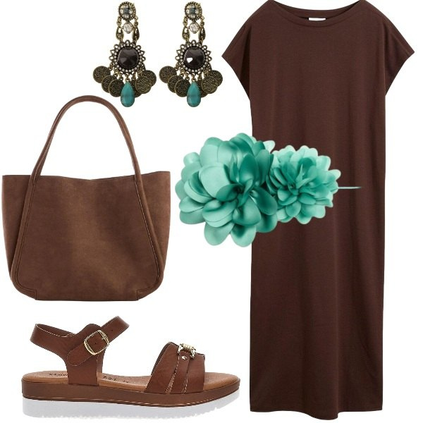 Outfit donna - Casual e semplicemente chic. Stile Casual chic per Ufficio. Abbinamento con vestiti, shopping bag, orecchini, cinture, sandali.