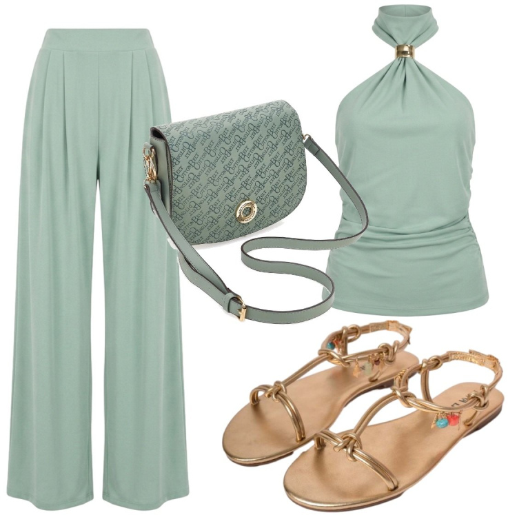 Outfit donna - Il top sta anche sui jeans. Stile Chic per Serata fuori. Abbinamento con pantaloni a palazzo, top, sandali in pelle, borse a tracolla.