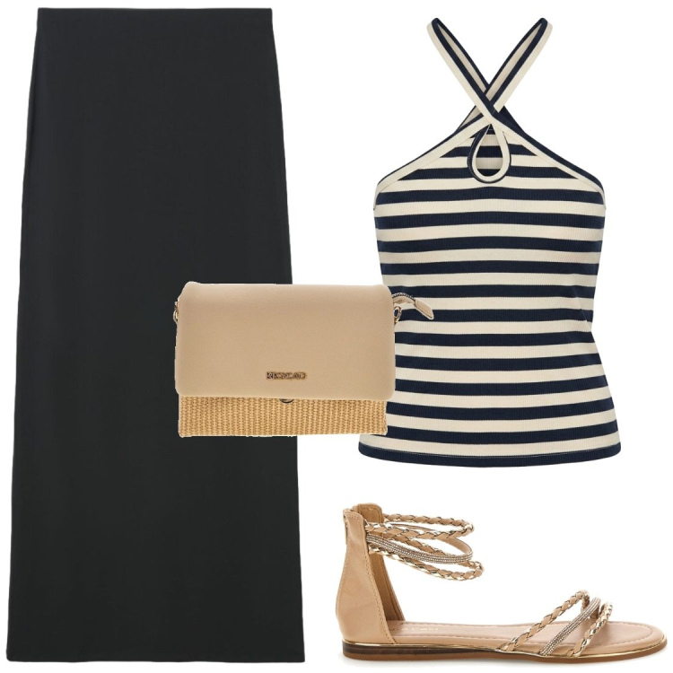 Outfit donna - Gonna lunga nera con spacco laterale. Stile Chic per Serata fuori. Abbinamento con gonne lunghe, top, borse a spalla, sandali.