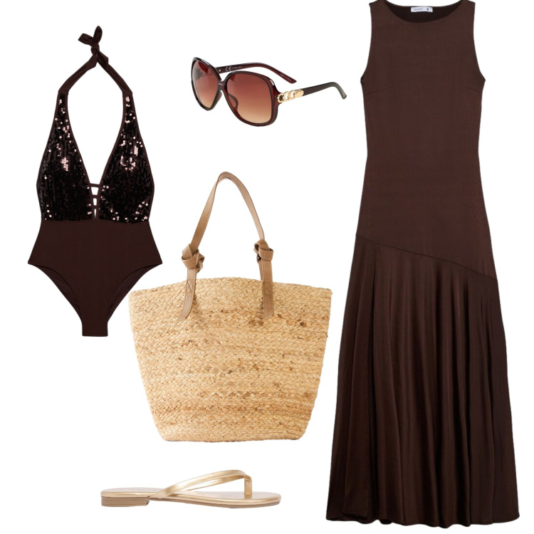 Outfit donna - Dalla spiaggia all‘ aperitivo. Stile Casual chic per Mare. Abbinamento con sandali, shopping bag, occhiali da sole, vestiti lunghi, costumi interi.