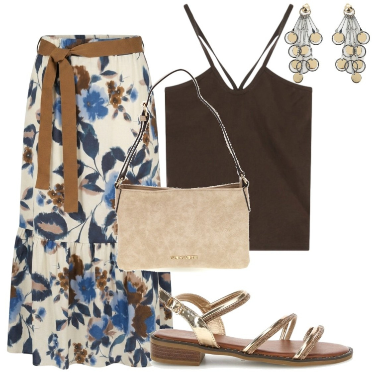 Outfit donna - Versatilità ta blu e marrone. Stile Chic per Serata fuori. Abbinamento con orecchini, canottiere, gonne lunghe, sandali col tacco, borse a tracolla.