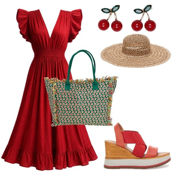 Outfit donna - Red passion. Stile Romantica per Tutti i giorni. Abbinamento con blazer, vestiti midi/longuette, shopping bag, sandali col tacco, cappelli.