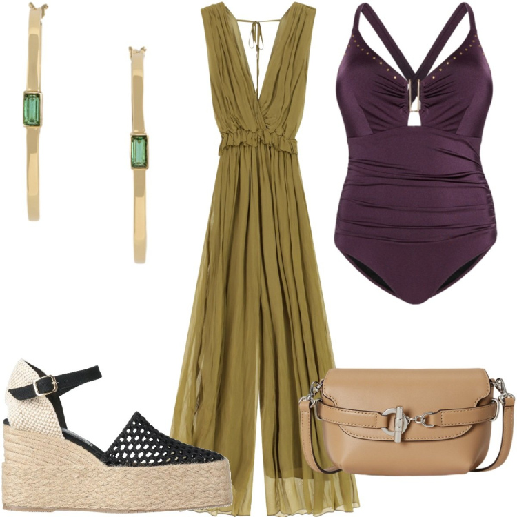 Outfit donna - Oroscopo Il Leone : etnico. Stile Etnico per Mare. Abbinamento con espadrillas, tute, costumi interi, orecchini, borse a tracolla.