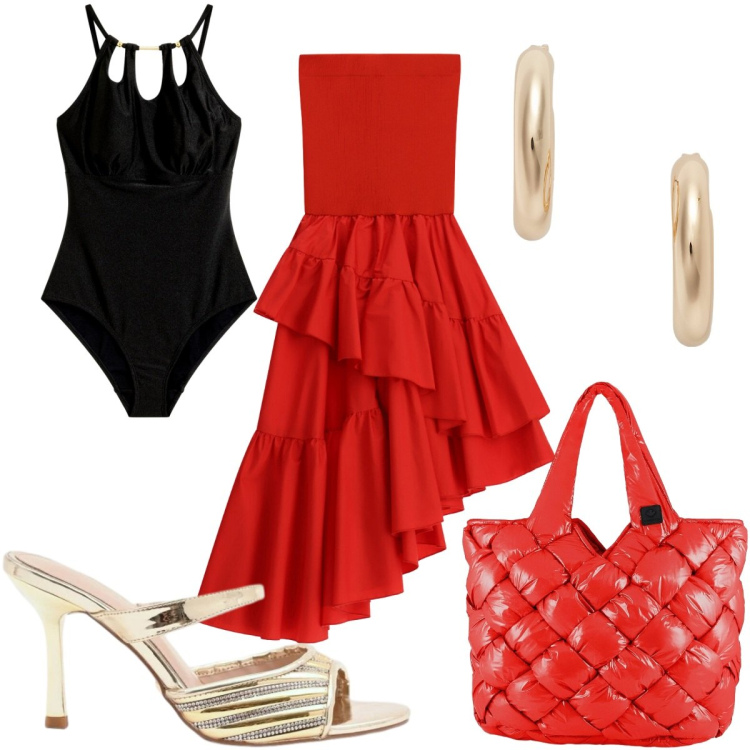 Outfit donna - Oroscopo Il Leone :glamour. Stile Glamour per Mare. Abbinamento con costumi interi, sabot, gonne lunghe, orecchini, borse tote.