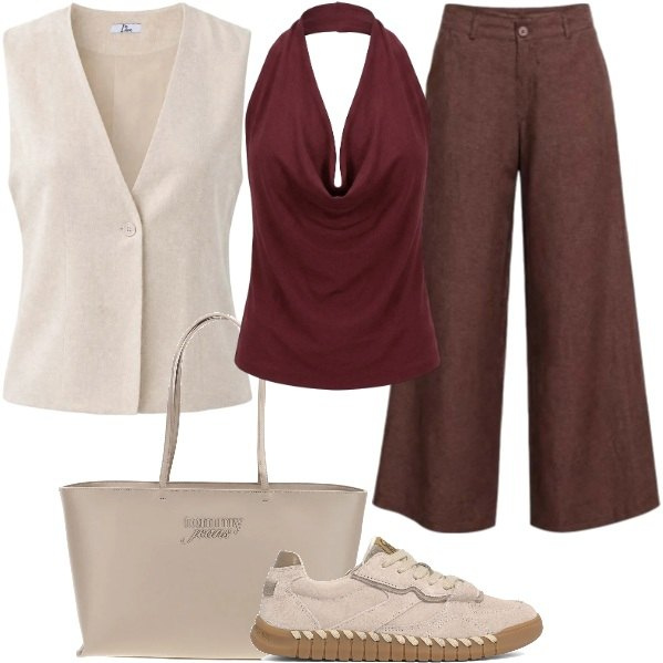 Outfit donna - I AM con stile. Stile Glamour per Tutti i giorni. Abbinamento con gilet, pantaloni a palazzo, top, sneakers, borse a spalla.