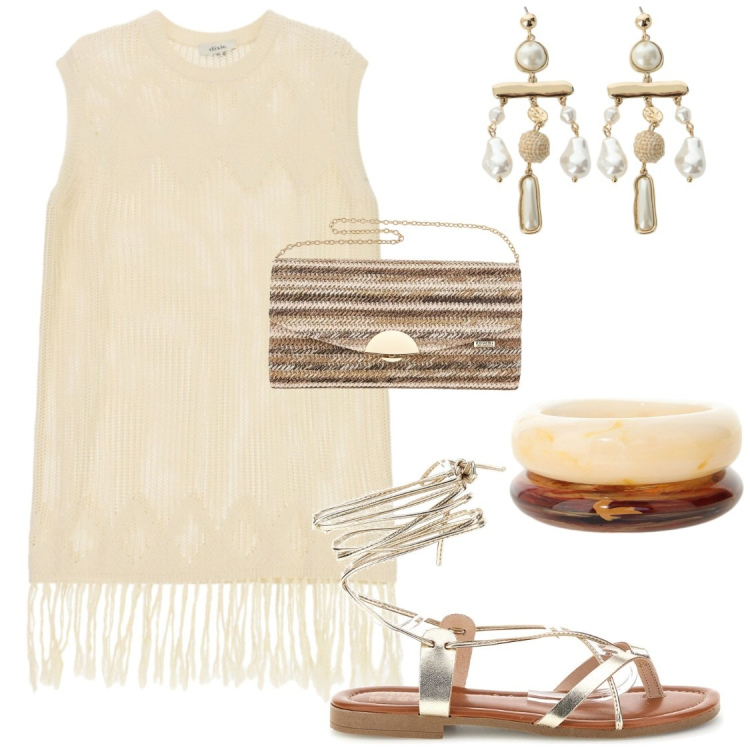 Outfit donna - Vestito o copricostume. Stile Chic per Serata fuori. Abbinamento con vestiti corti, orecchini, braccialetti, sandali alla schiava, clutch.