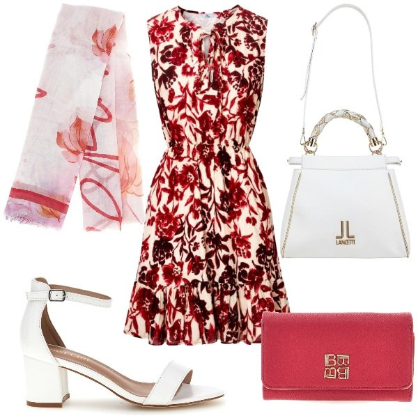 Outfit donna - collezione I AM. Stile Glamour per Tutti i giorni. Abbinamento con vestiti corti, foulard, portafogli, sandali col tacco, borse a tracolla.