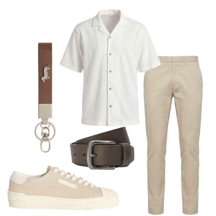 Outfit uomo - Eleganza fresca nei toni sabbia. Stile Casual per Cerimonia. Abbinamento con portachiavi, sneakers, pantaloni, camicie a manica corta, cinture.