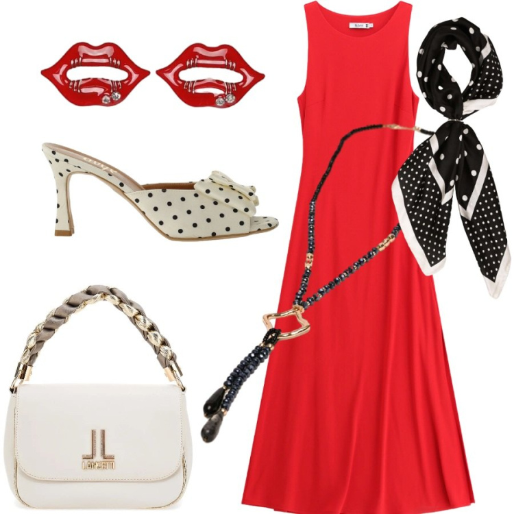 Outfit donna - Party time. Stile Chic per Serata fuori. Abbinamento con blazer, vestiti lunghi, sandali col tacco, collane, foulard, borse a tracolla.