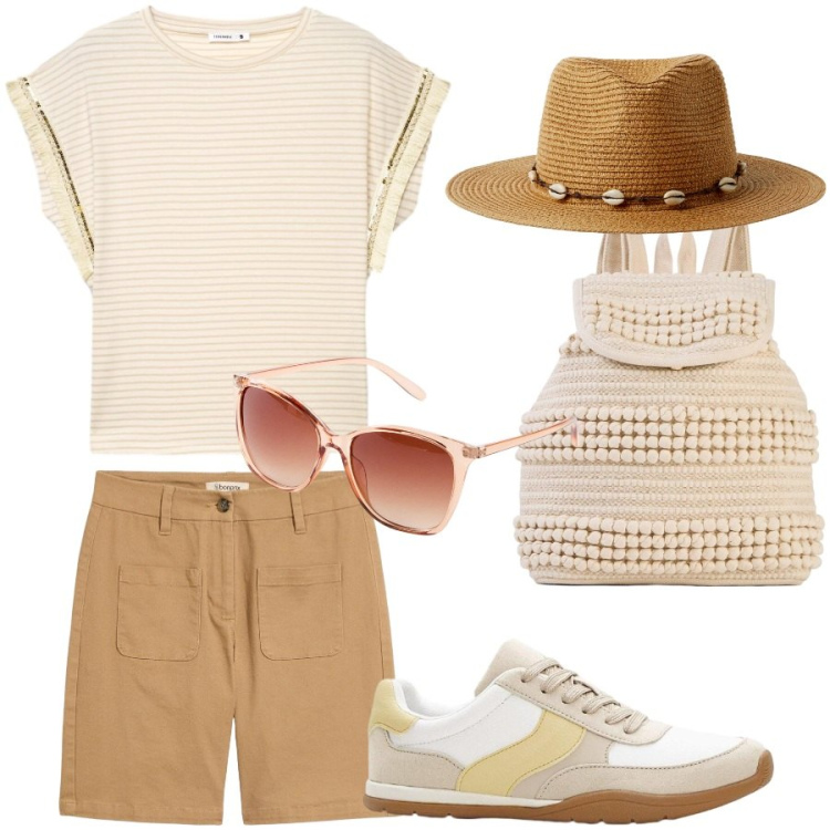 Outfit donna - Total look #2439336. Stile Casual per Tutti i giorni. Abbinamento con bermuda, occhiali da sole, sneakers, zaini, t-shirt, cappelli.