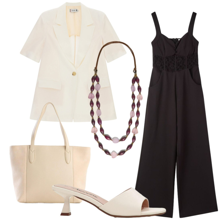 Outfit donna - Total look #2439348. Stile Glamour per Ufficio. Abbinamento con sandali, shopping bag, tute, blazer, collane.