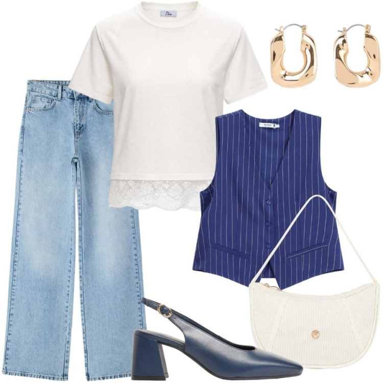 Outfit donna - In ufficio. Stile Casual chic per Ufficio. Abbinamento con orecchini, décolleté, jeans dritti, gilet, t-shirt, borse a mano.