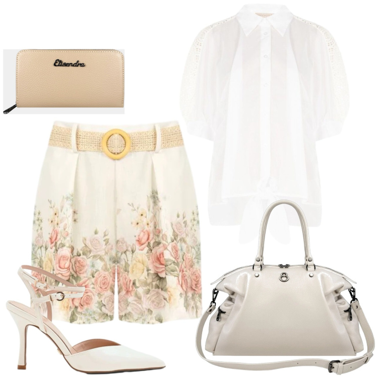 Outfit donna - Total look #2439356. Stile Romantica per Cerimonia. Abbinamento con shopping bag, portafogli, shorts, décolleté, camicie a manica corta.