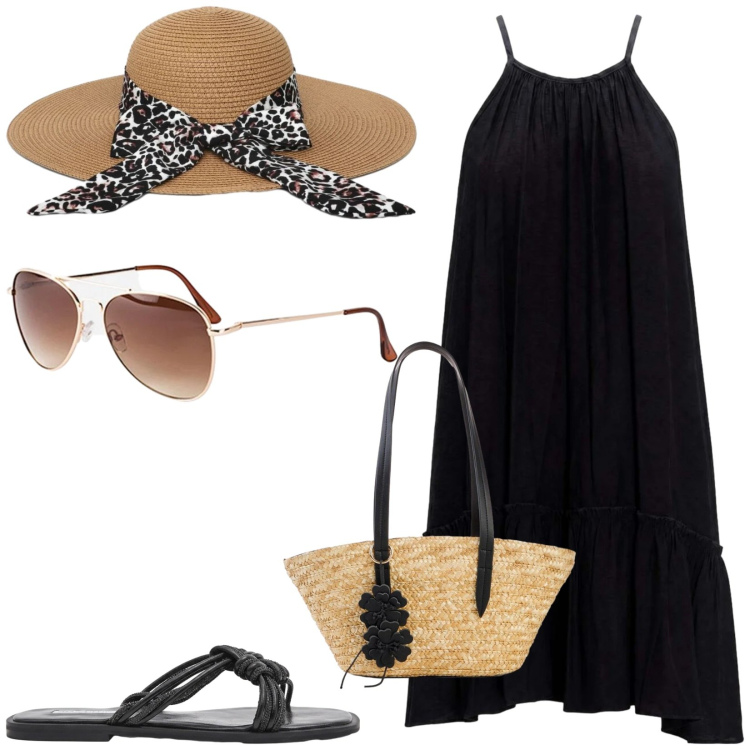 Outfit donna - In vacanza. Stile Casual chic per Tutti i giorni. Abbinamento con shopping bag, occhiali da sole, vestiti corti, cappelli, sandali.