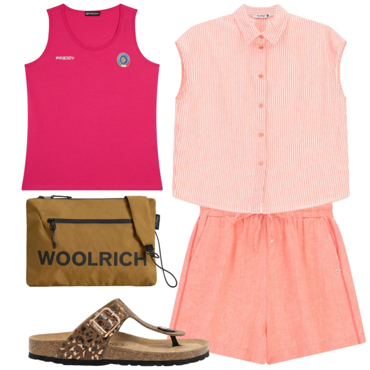 Outfit donna - In piscina. Stile Sporty chic per Sport. Abbinamento con shorts, camicie, top sportivi, borse a tracolla, infradito.