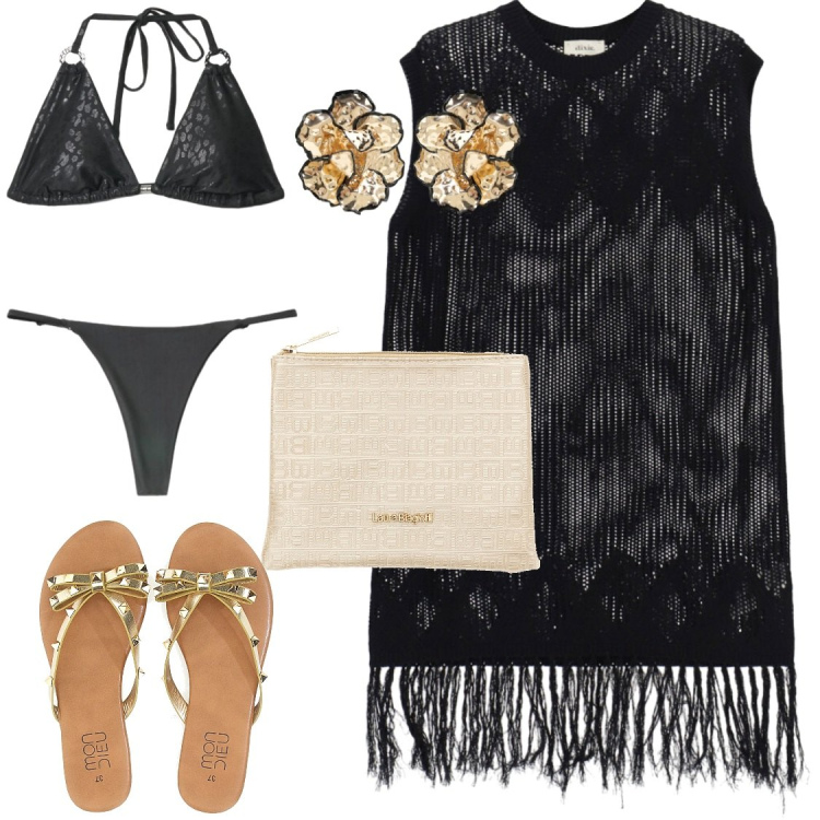 Outfit donna - Vestiti versatili. Stile Chic per Mare. Abbinamento con bikini, bikini, vestiti corti, orecchini, infradito, pochette.