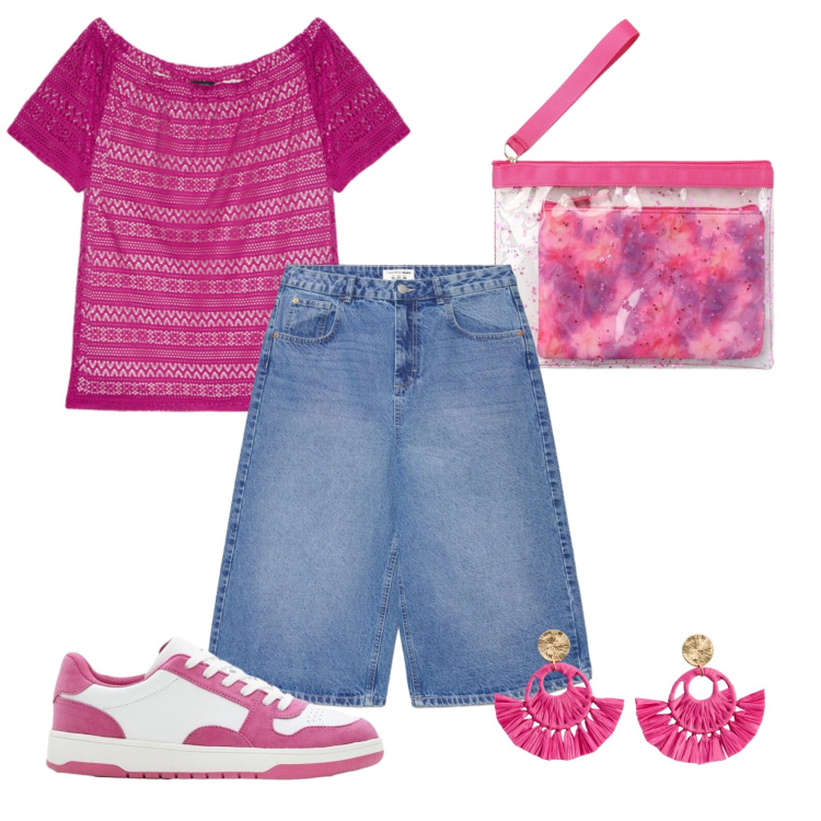 Outfit donna - Total look #2439375. Stile Casual per Tutti i giorni. Abbinamento con sneakers, orecchini, pantaloni corti, pochette, t-shirt.