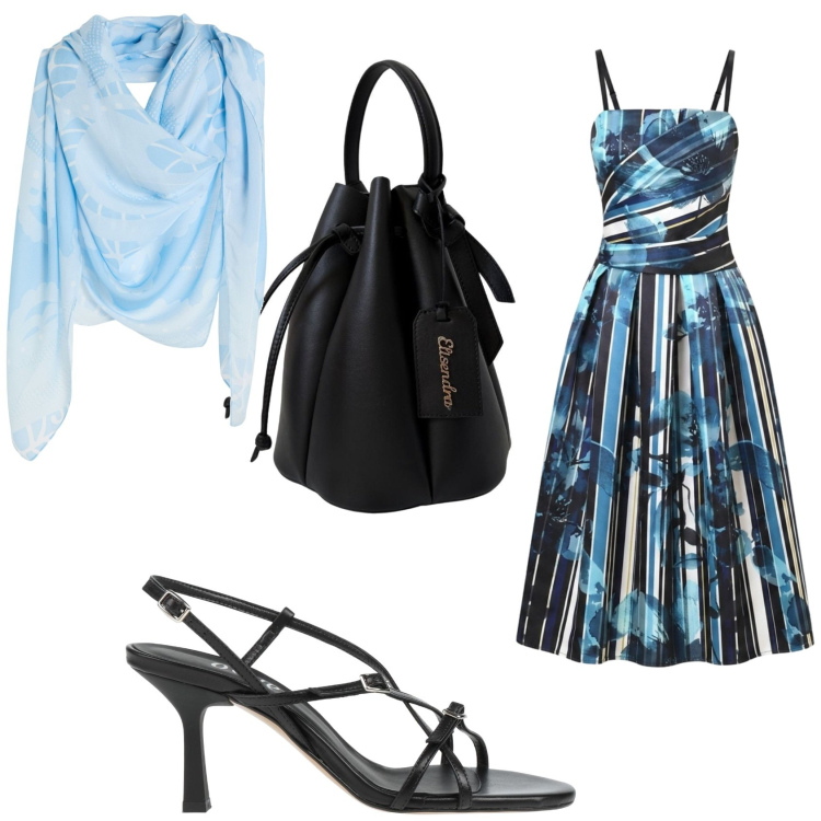 Outfit donna - Per le sere fresche d\'estate. Stile Romantica per Serata fuori. Abbinamento con sciarpe, sandali in pelle, borse a secchiello, vestiti midi/longuette.