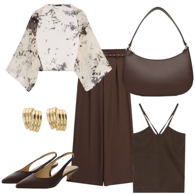 Outfit donna - Total look #2439379. Stile Chic per Serata fuori. Abbinamento con borse a tracolla, canottiere, pantaloni a palazzo, décolleté, orecchini, bolero.