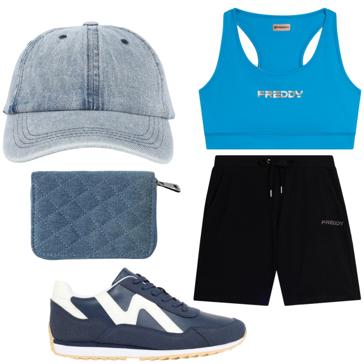 Outfit donna - Corsa sul lungomare. Stile Sporty chic per Sport. Abbinamento con sneakers, cappelli con visiera, portafogli, top, pantaloni corti.