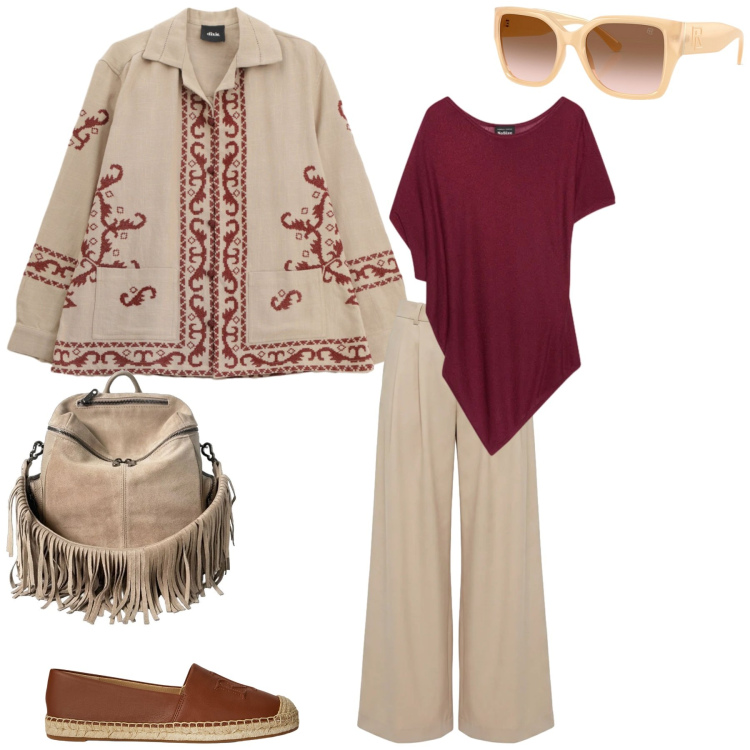 Outfit donna - Il mio viaggio ideale. Stile Etnico per Mare. Abbinamento con pantaloni, zaini, top, espadrillas, occhiali da sole, cappotti.