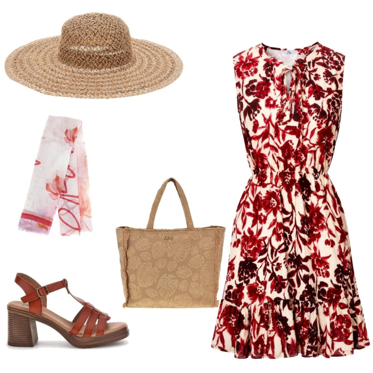 Outfit donna - Fantasia. Stile Casual Abbinamento con vestiti corti, foulard, cappelli, sandali col tacco, shopping bag.