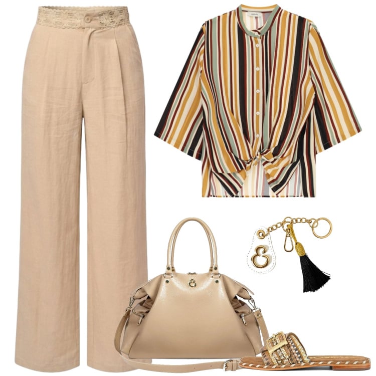 Outfit donna - Linee. Stile Casual per Tutti i giorni. Abbinamento con shopping bag, portachiavi, camicie, pantaloni a palazzo, ciabatte.