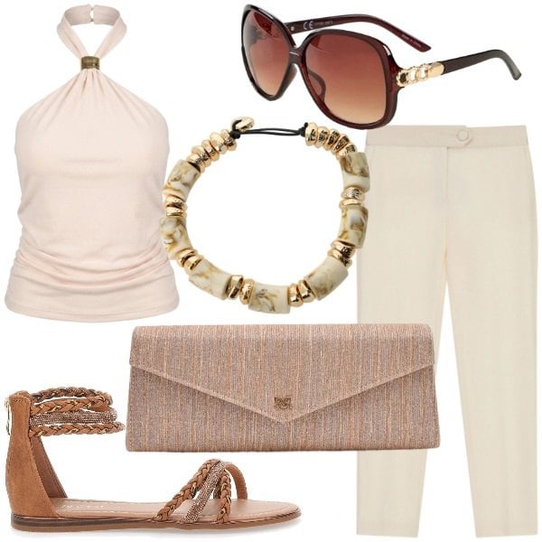 Outfit donna - Oroscopo Il Leone. Stile Glamour per Tutti i giorni. Abbinamento con occhiali da sole, braccialetti, top, pochette, pantaloni, sandali.