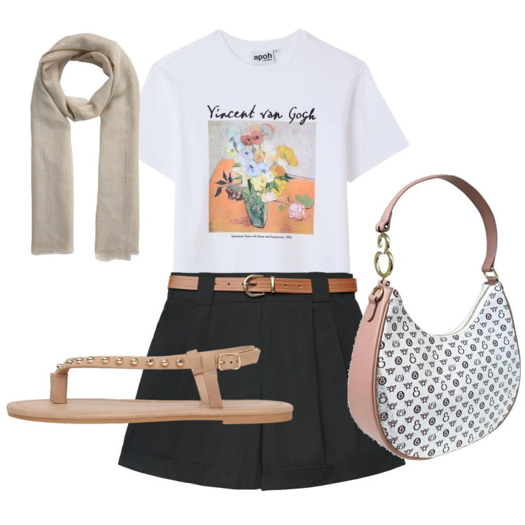 Outfit donna - Total look #2439390. Stile Basic per Tutti i giorni. Abbinamento con shorts, t-shirt, sciarpe, ciabatte, borse a spalla.