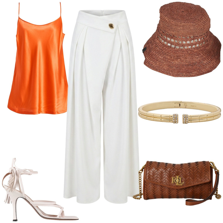 Outfit donna - Aperitivo estivo. Stile Chic per Serata fuori. Abbinamento con cappelli con visiera, top, ciabatte, pantaloni a palazzo, portafogli, braccialetti.