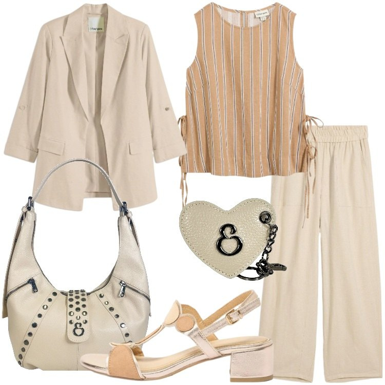 Outfit donna - Must-have in lino. Stile Casual chic per Ufficio. Abbinamento con pantaloni, sandali col tacco, blazer, canottiere, borse a spalla, portachiavi.