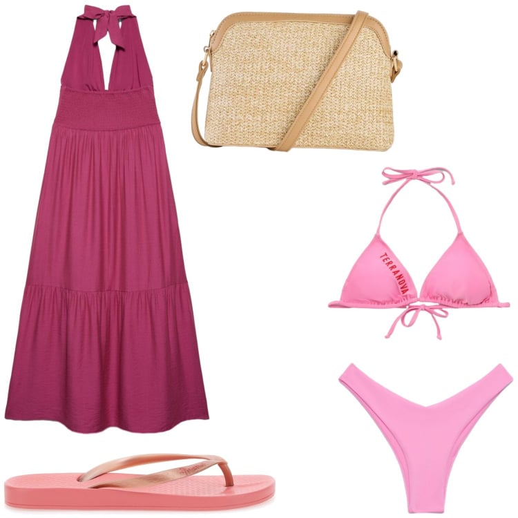 Outfit donna - In vacanza. Stile Casual per Mare. Abbinamento con borse a tracolla, vestiti lunghi, bikini, bikini, infradito.