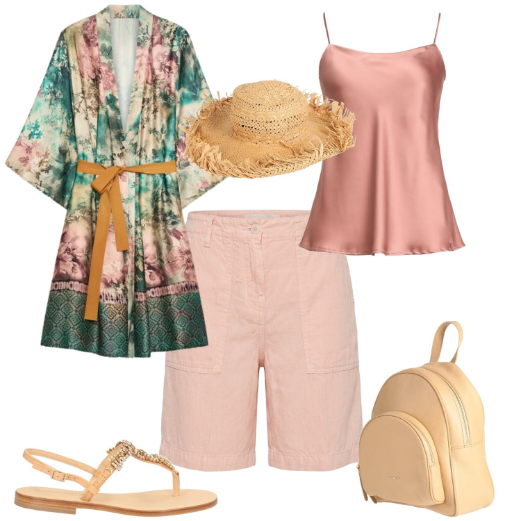 Outfit donna - Casual chic in vacanza. Stile Casual chic per Mare. Abbinamento con zaini, top, infradito, cappelli, bermuda, kimono.