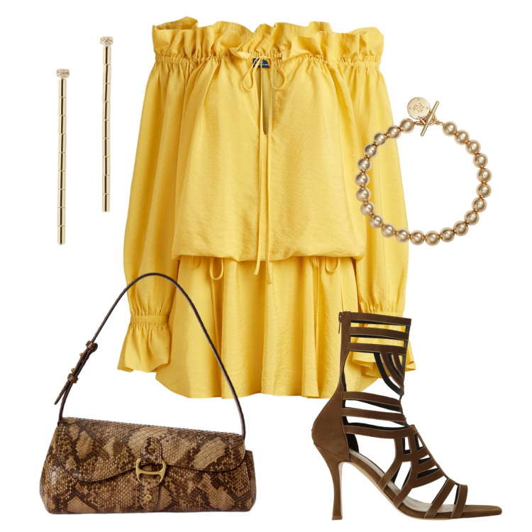 Outfit donna - Bolt feminine. Stile Trendy per Serata fuori. Abbinamento con sandali col tacco, vestiti, braccialetti, borse a tracolla, orecchini.
