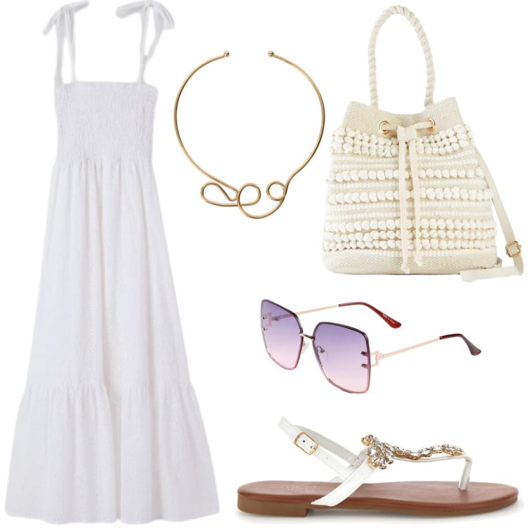 Outfit donna - Soft boho. Stile Boho per Tutti i giorni. Abbinamento con occhiali da sole, borse a secchiello, vestiti lunghi, collane, sandali gioiello.